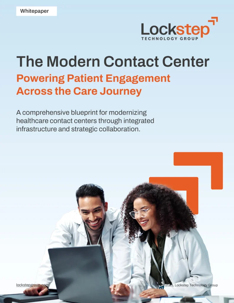 Whitepaper cover for 'The Modern Transfer Center' by Lockstep Technology Group, highlighting how LCMC Health uses an EHR-integrated transfer center to improve patient engagement, featuring two doctors collaborating on a laptop with Lockstep’s orange arrow logo